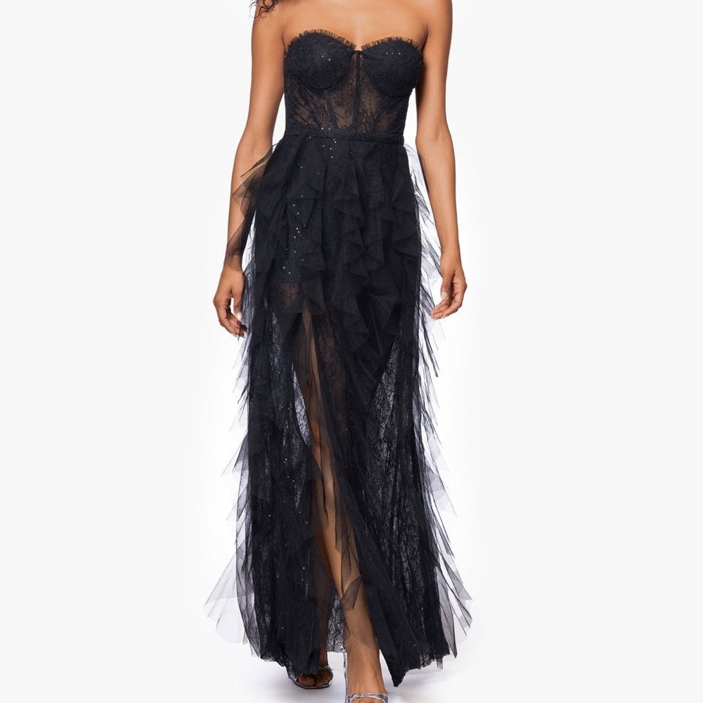 NWT BETSY & ADAM “ANGELINA" LONG STRAPLESS MESH FLOOR LENGTH RUFFLE DRESS